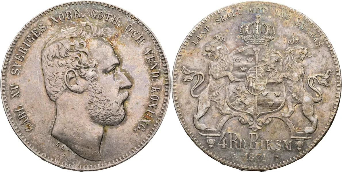 KARL XV (1859-1872). 4 riksdaler riksmynt 1871