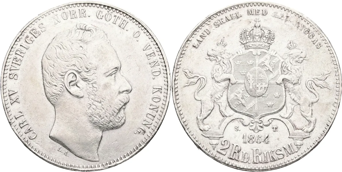 KARL XV (1859-1872). 2 riksdaler riksmynt 1864