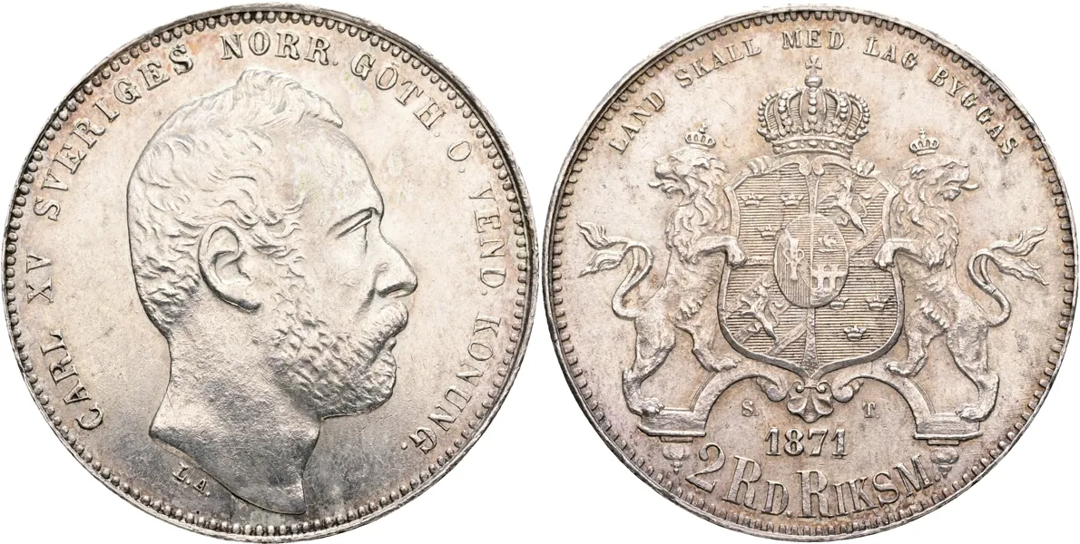 KARL XV (1859-1872). 2 riksdaler riksmynt 1871