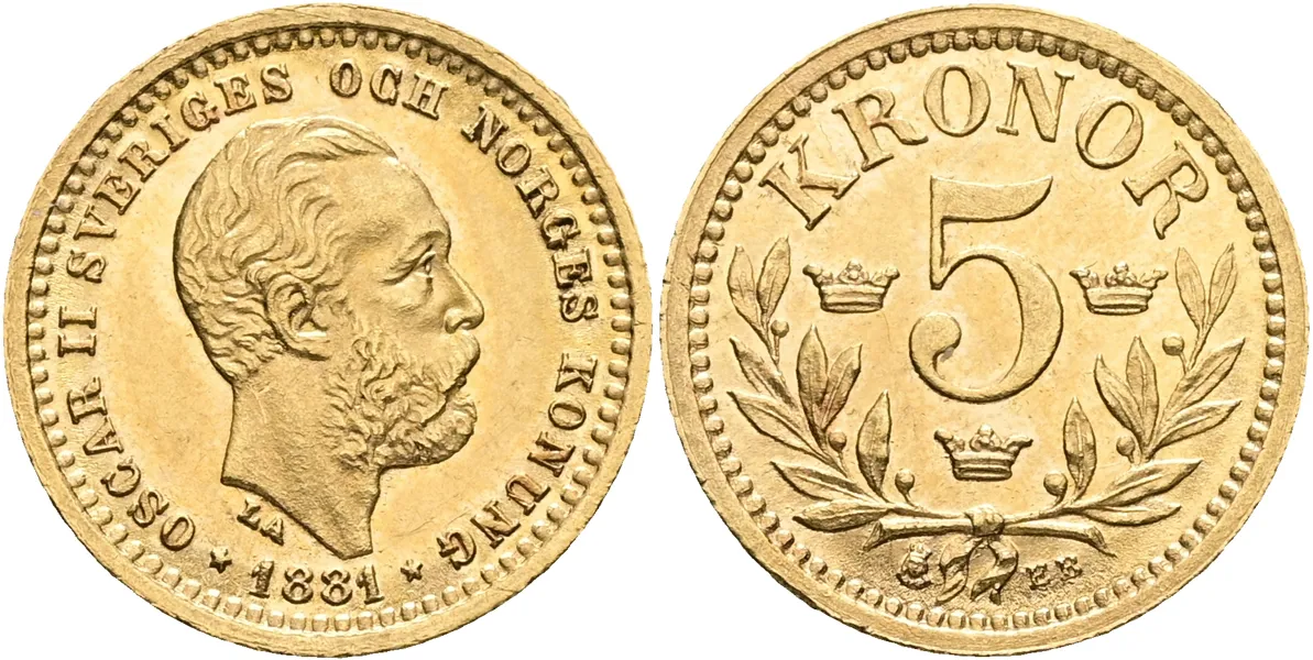 OSKAR II (1872-1907). 5 kronor 1881