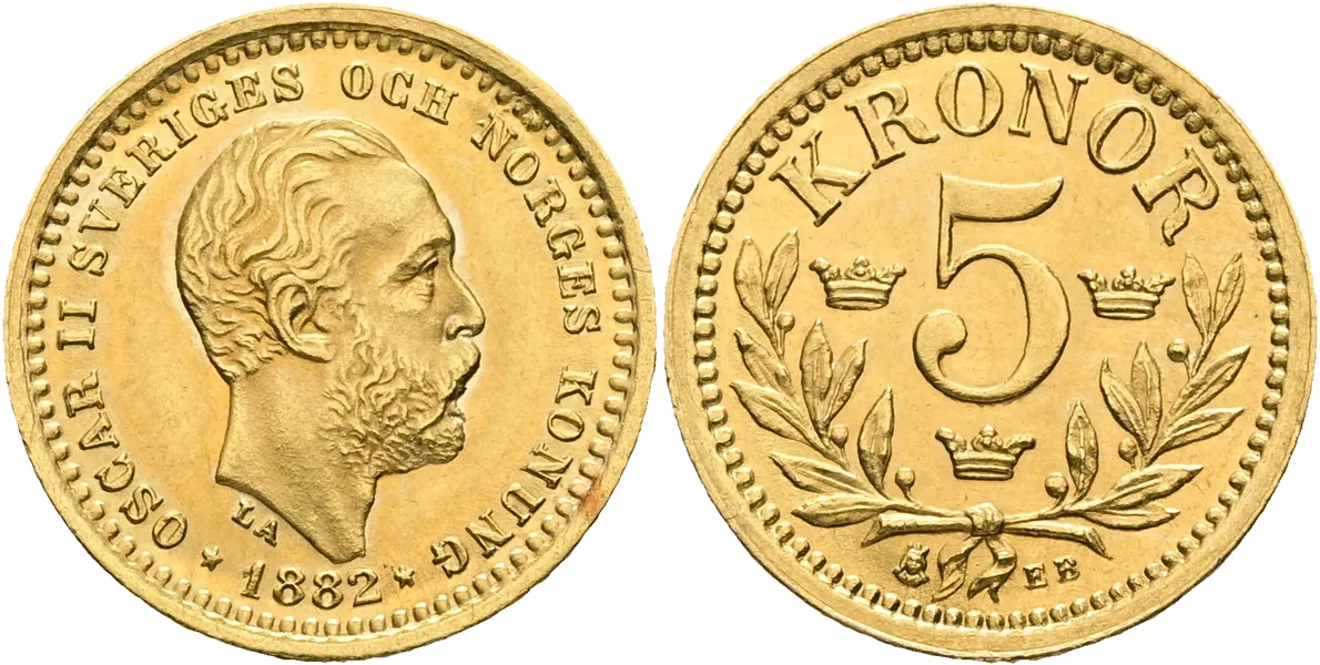 OSKAR II (1872-1907). 5 kronor 1882