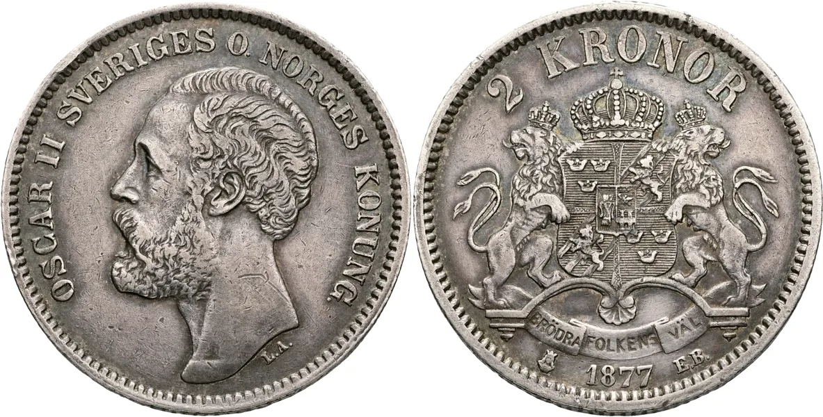 OSKAR II (1872-1907). 2 kronor 1877