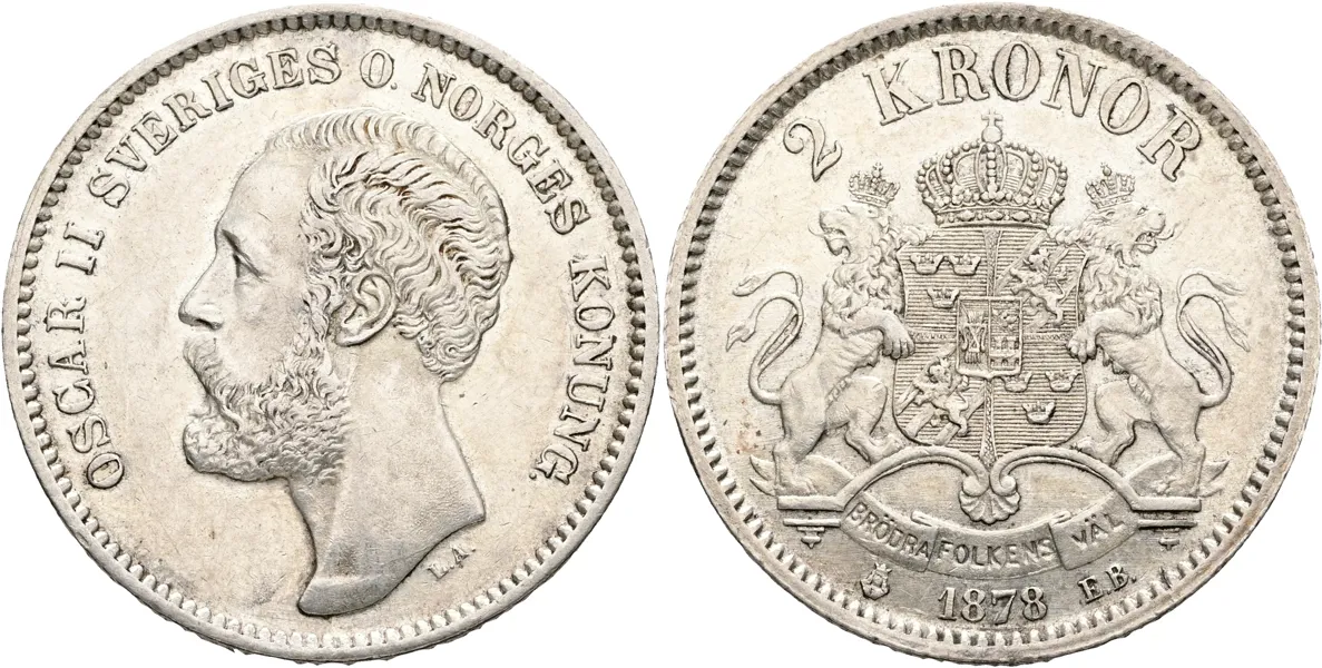 OSKAR II (1872-1907). 2 kronor 1878