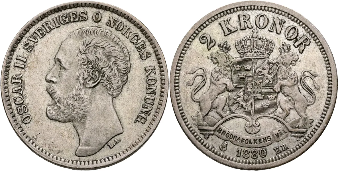 OSKAR II (1872-1907). 2 kronor 1880