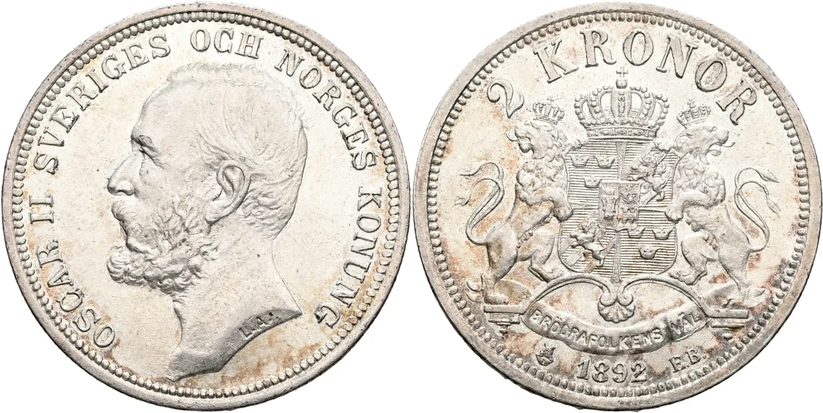 OSKAR II (1872-1907). 2 kronor 1892
