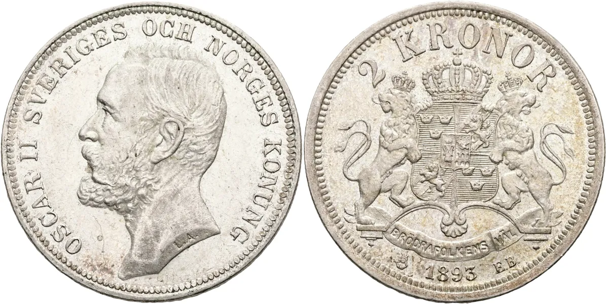 OSKAR II (1872-1907). 2 kronor 1893