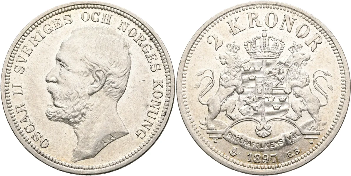 OSKAR II (1872-1907). 2 kronor 1897